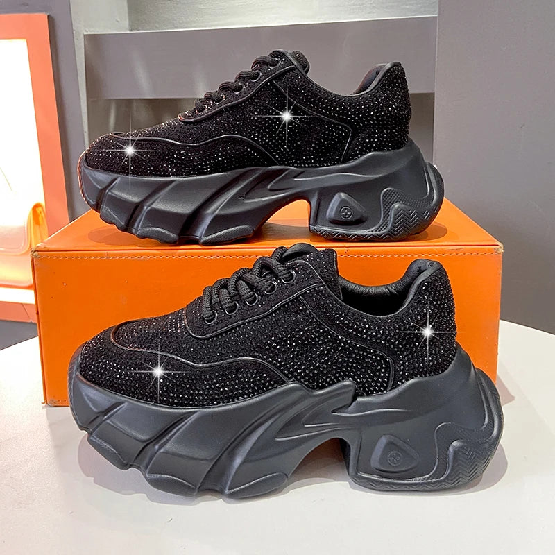 Luxury running shoes 2025 New Shiny Rhinestone Women's Sneakers Shoes Autumn Fashion Thick Sole Sports Shoes Zapatos De Mujer
