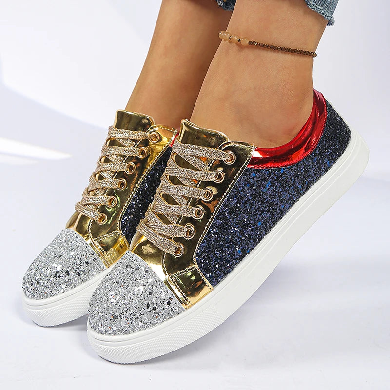 Luxury Multi Colored Glitter Platform Sneakers Women 2026 Spring Design Thick Sole Sport Shoes Woman Non Slip Flat Casual Shoes